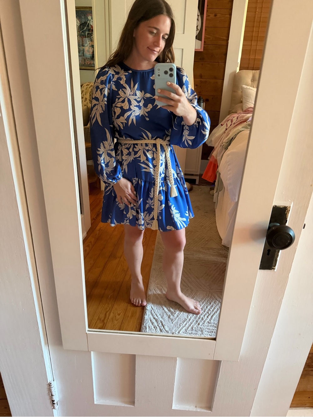 Royal Blue Floral Tie-Waist Mini Dress
